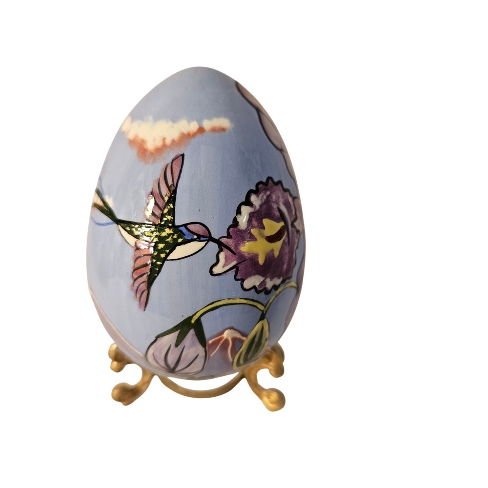 Hand Painted Ceramic Egg Decor Bird Flower Blue Purple Gold Stand Collectible